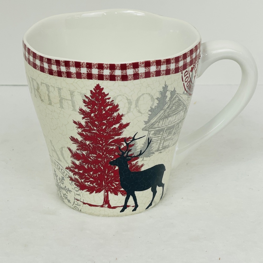 222 Fifth Northwood Cottage Fine China Coffee Mug Red Winter Deer Cabin Cardinal